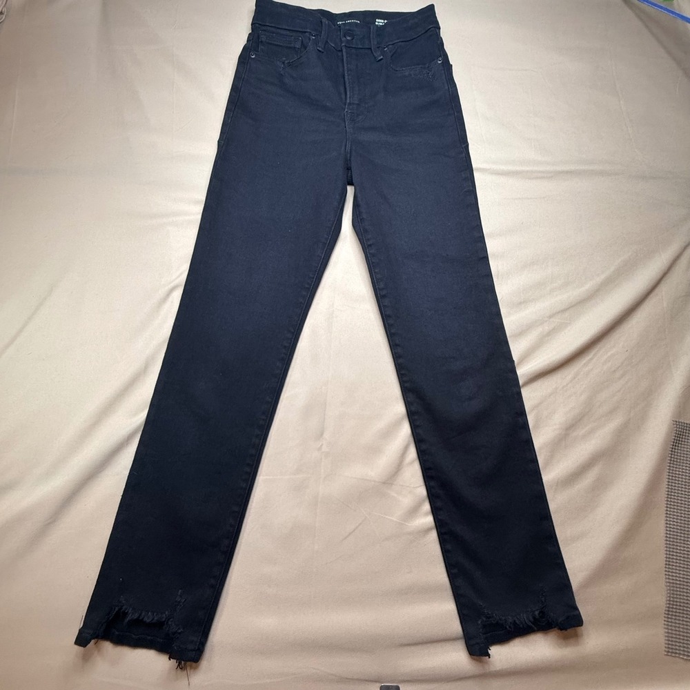 Good American Good Classic Slim-Straight Jeans Black High Rise Raw Hem 2/26